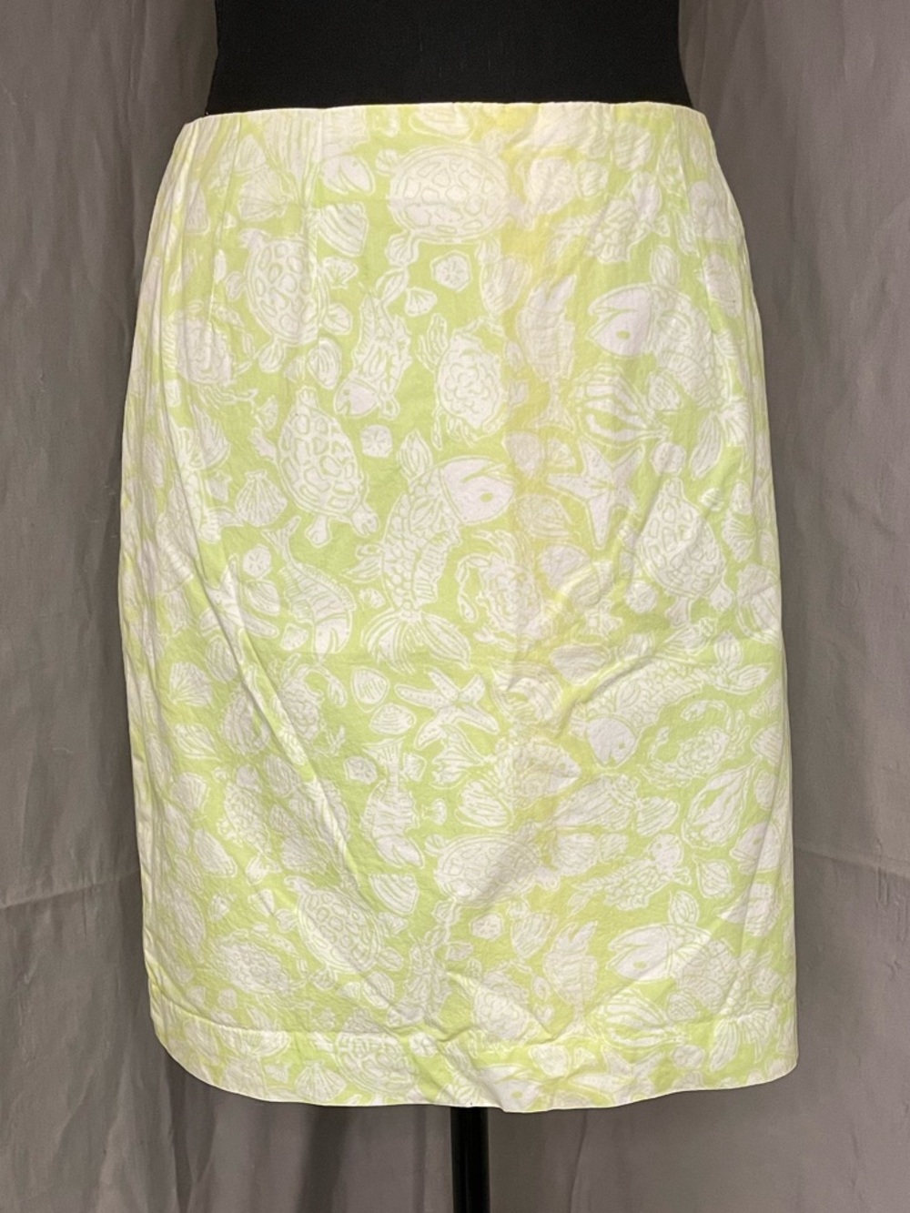 Lilly Pulitzer White, Lime Green and Yellow Fish, Seashell Patterned Mini Skirt